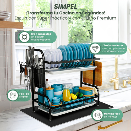 Secador De Platos 2 Niveles Con Tapete Simpel Loza Vajilla