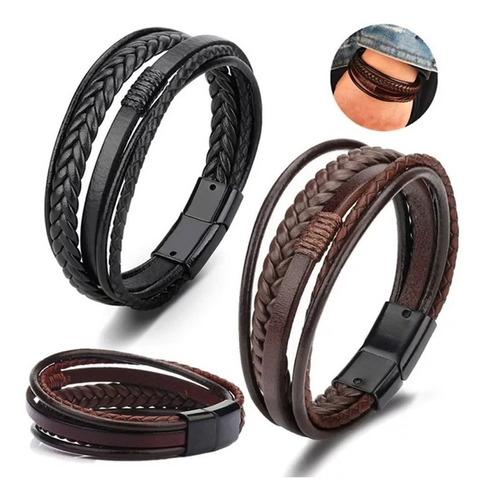 Pulsera De Cuero Brazalete Magnético Para Hombre