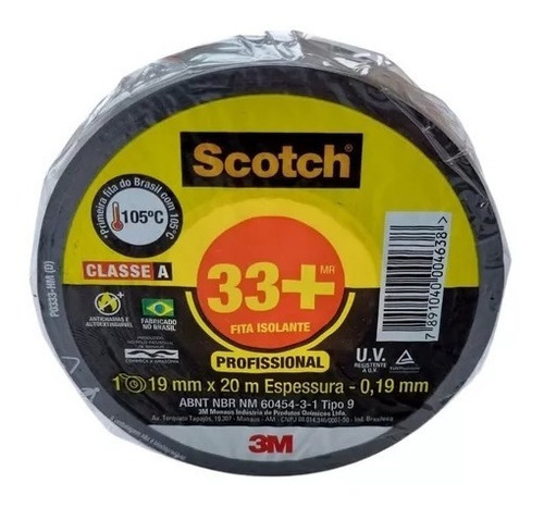 Cinta aislante Scotch 33+ de 3 m, 19 mm x 20 metros, compatible con 105 °C, color negro liso