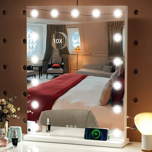 Hasipu Espejo de tocador con luces, espejo de maquillaje LED de 10 x 12  pulgadas, espejo de maquillaje iluminado con luces, control táctil