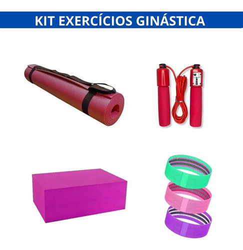 Kit 4 Pçs Tapete Yoga Bloco Eva Cordinha Pular Fita Elastica Cor Vermelho