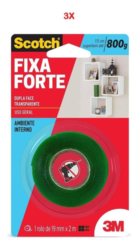 Fita Dupla Face Transp. Fixa Forte 19mm X 2m - 3m Kit 3 Pçs