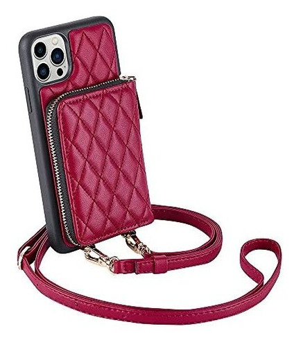 Funda Para Iphone13 Pro Cuero Acolchado Cartera Borgoña