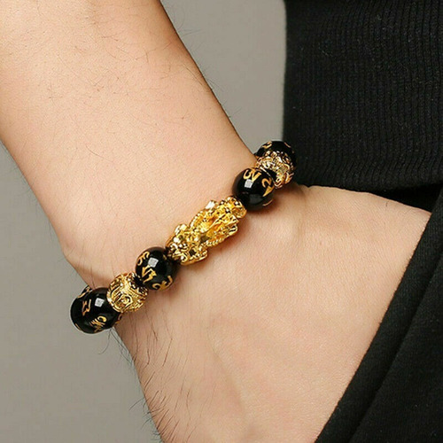 Pulsera Original Feng Shui Piedras Obsidiana Pixiu Oro