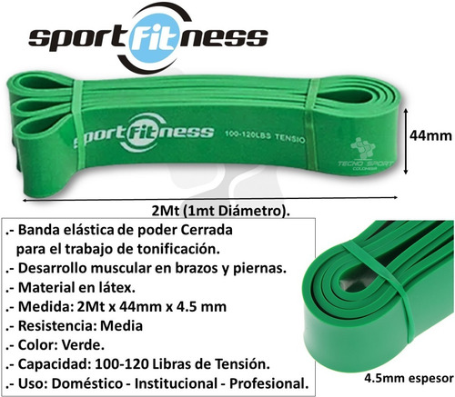 Imagen 3 de 10 de Banda De Poder Elástica Sportfitness Verde Tonificacion Gym