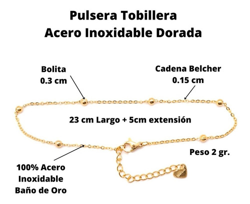 Imagen 2 de 5 de Pulsera Tobillera Mujer Acero Pie Tobillo Bolitas Oro 10k