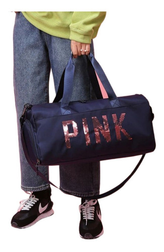 Bolsa Feminina Mala Pink Academia Fitness Transversal Casual Cor Azul-escuro Desenho do tecido Liso