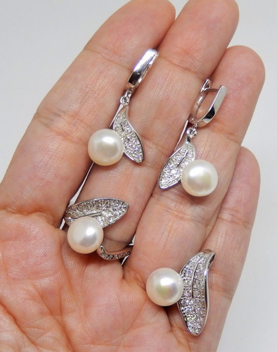 Conjunto Brincos Anel E Pingente Pérolas Em Prata 925