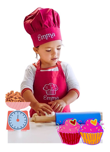 Mini Chef Nombre Bordado 100% Drill Minichef Mandil Y Gorro