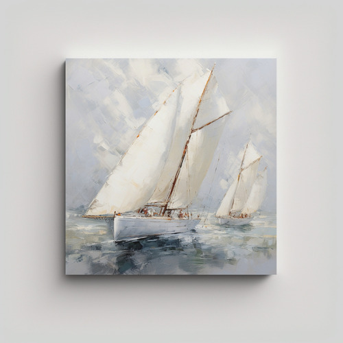 40x40cm Cuadro Moderno Barcos Blancos Con Vela Bastidor Made