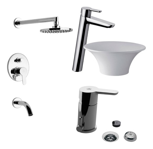 Combo Griferia Baño Fv Puelo Lavatorio Alto Bidet Ducha