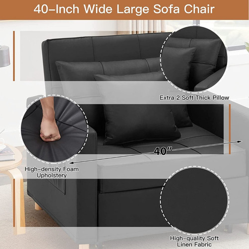 Sillón Cama 3 En 1; Ajustable Tamaño Individual, Negro