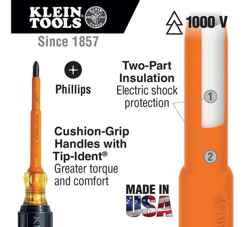 Klein Tools 633-4-ins Desarmador Aislado #1 Punta Phillips