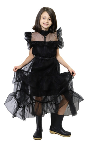 Imagen 1 de 9 de Disfraz Vestido Merlina Addams Noche De Baile Los Locos Addams Infantil Niña