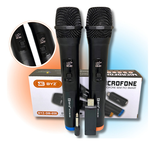 Microfones Sem Fio Profissional Recarregável Karaoke Duplo Cor Preto