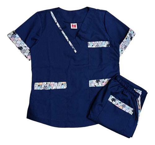Ambo Medico Enfermeria Arciel Estampado Azul Marino Gatitos Azul Marino Lisa M