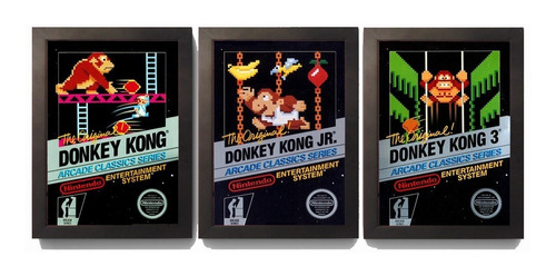 Kit 3 Quadros C.moldura Trilogia Donkey Kong Nes Nintendo