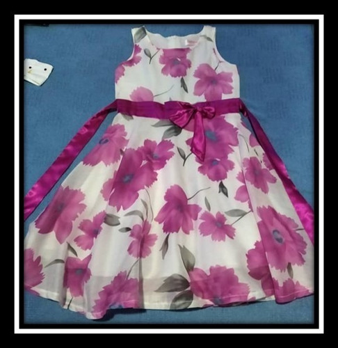 Vestido De Niña Talla 7/8 Blanco Con Flores Fucsias, Casual