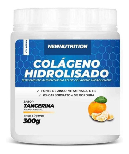 Colágeno Hidrolisado Em Pó Com Vitaminas 300g New Nutrition Sabor Tangerina