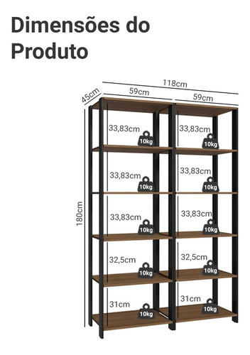 Armário Estante Multiuso10 Prateleiras 118cm Madesa Rp Cor Rustic/Preto