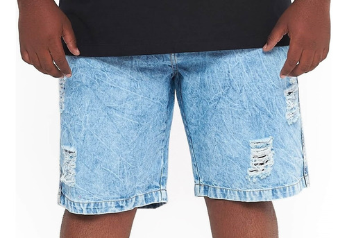 Bermuda Jeans Plus Size Marmorizada Destroid Lavagem Espec.