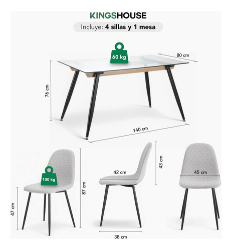 Juego De Comedor 4 Sillas Tipo Eames Tapizadas Con Mesa Rectangular De Vidrio Moderno Minimalista Gris Kingshouse