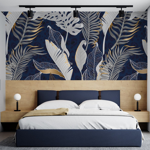 Vinilo Decorativo Mural Empapelado Tropicales Azul Dorado 33