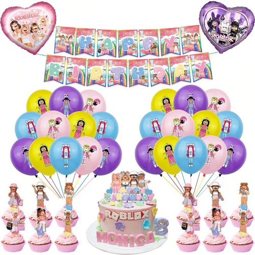 Set Cotillón Cumpleaños Roblox Niña Globos Cupcake