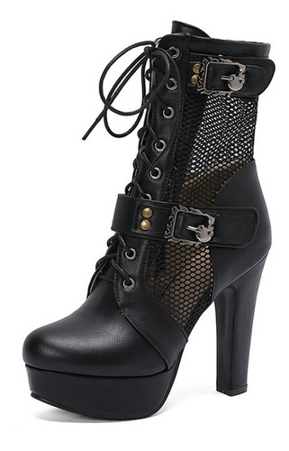 Botas De Malla Con Cordones Para Mujer, Tacones De Plataform