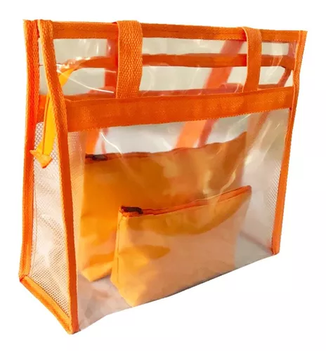 Bolsa de playa transparente con base de red color naranja