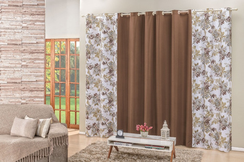 Cortina Floratta 2,00m Tabaco Sala E Quarto Estampada Floral