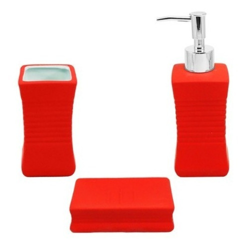 Juego Set Accesorios Baño Dispenser Jabonera Cepillo Rojo