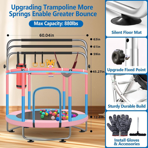 Trampolín Para Niños 60 Ajustable Con Red Y Barra De Gimnas