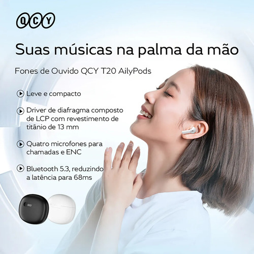 Fone Qcy T20 Bluetooth 5.3 Cancelamento Enc Modo Game Preto