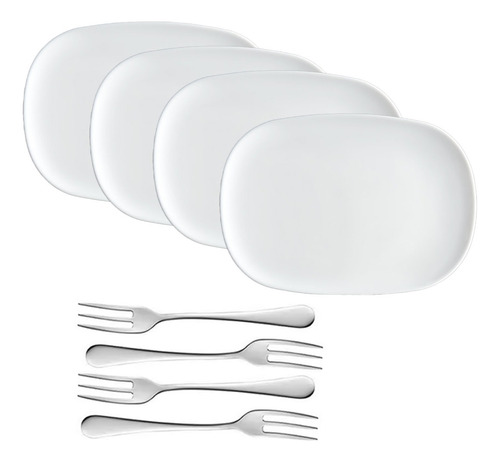 X4 Plato Postre Rectangular Vidrio 28cm + Tenedor Postre Color Blanco Vidrio Templado