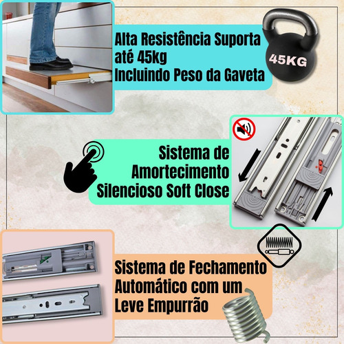 10 Corrediça Telescópica 50cm Amortecedor H45 45kg Slow 5par