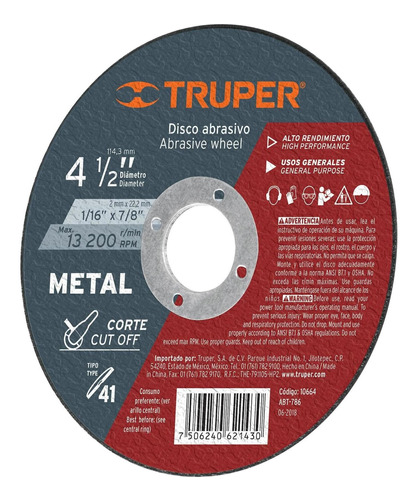 Disco Corte Metal 4-1/2' X 1.5mm Uso Gral. Truper 10664