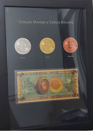 Quadro Coleção Moedas Físicas Bitcoins E Cédula Criptomoedas