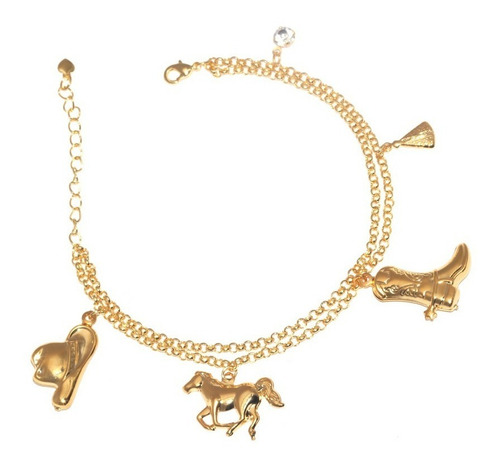 Pulseira Country Cavalo Chapéu Bota Folheado A Ouro 18k Comprimento 18 Diâmetro 18 Cm
