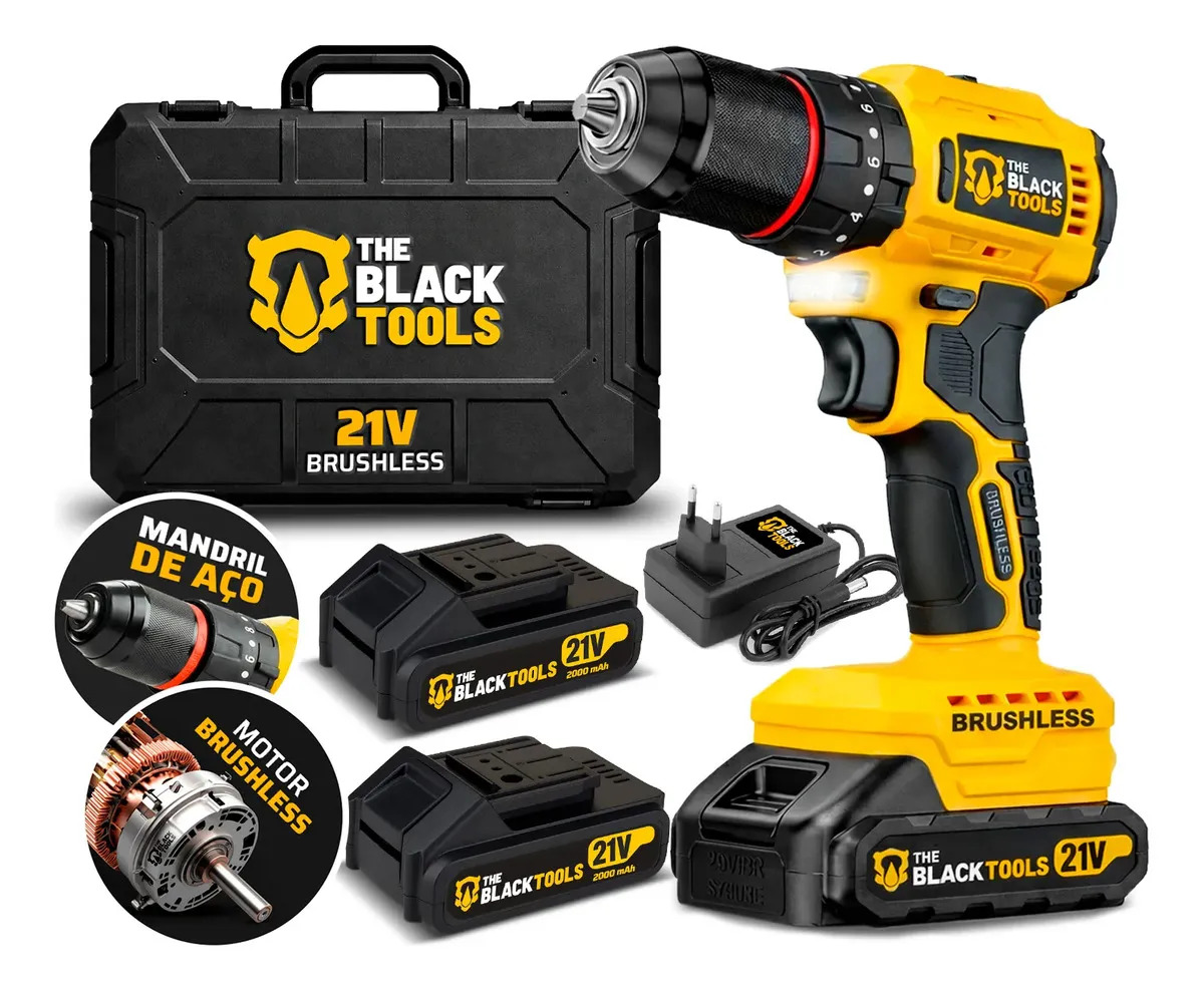 Parafusadeira Furadeira De Impacto Motor Brushless 50n.m 2 Baterias 2000mah 21v E Mandril De Aço Tb-21bx The Black Tools Amarelo 127/220v