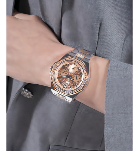 Reloj Pulsera Guess Gw0777l3 Con Correa De Acero Inoxidable Color Bitono - Fondo Oro Rosa