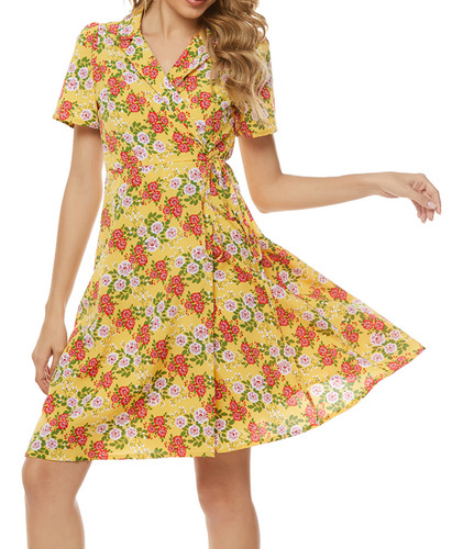 Vestido De Verano Para Mujer, Cuello Alto, Estampado Floral,