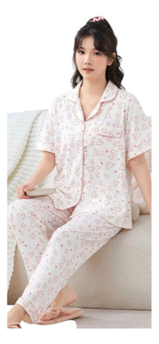 Pijama Seda Mujer Botones Pantalon Fresca Corazones Moda