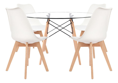 Juego Comedor Mesa Eames Vidrio Redonda 120cm + 4 Tulip