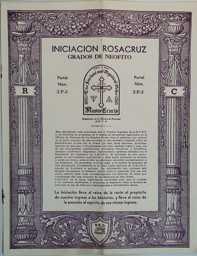 Masonería Iniciación Rosacruz Portal Número 3 P-3 Ro 144