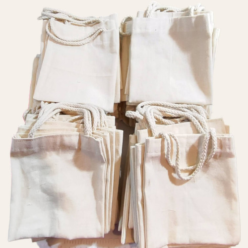 90 Mini Ecobags 15x18 Algodão Cru 160gr Alça Cordão Creme Lisa
