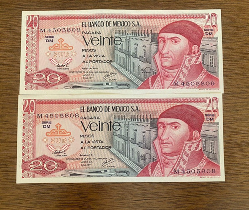 Billetes 20 Pesos Mexicanos 1977 Serie Dm - M4505808 Y 809