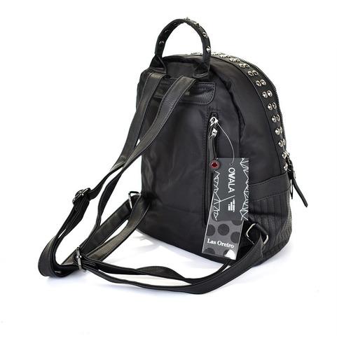 Mochila Cuero Sintetico Mujer Las Oreiro Tachas Urbana Negra
