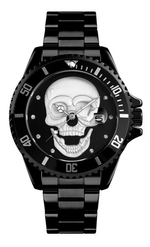 Reloj de pulsera Skmei 9195 de cuerpo color negro, analógico, fondo negro y blanco, con correa de acero inoxidable color negro, agujas color plateado y blanco, dial plateado, bisel color negro, luz celeste y desplegable