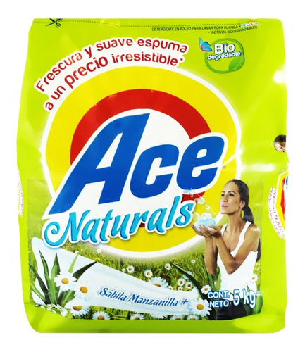 Detergente Ace Naturals Sábila Manzanilla En Polvo 5 Kilos